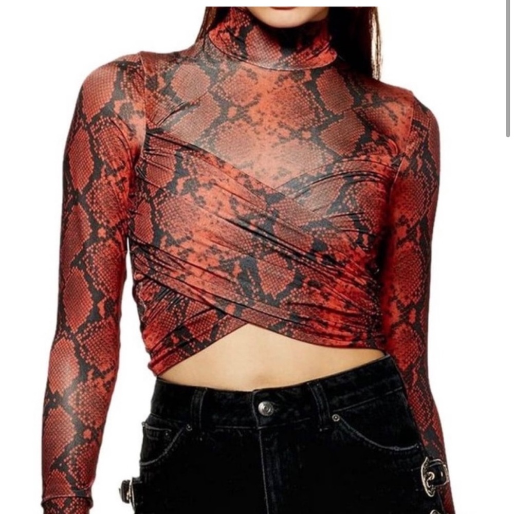 Topshop Snakeskin Mesh Wrap Top